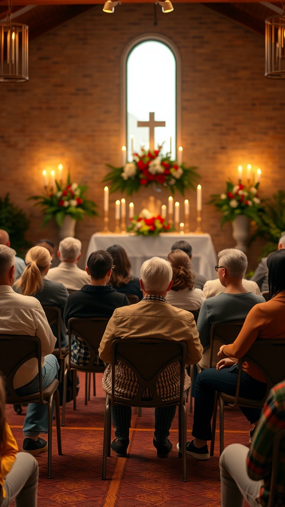 A community prayer gathering with participants in a circle, engaged in prayer, with an altar in the background.